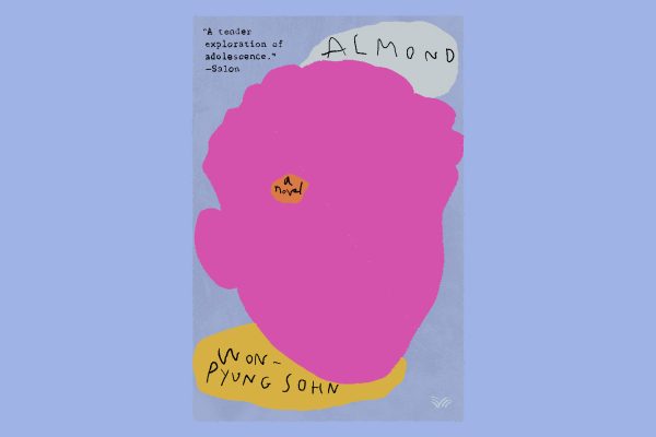 An illustration of a pale blue book cover with pink, yellow and gray abstract shapes. It says “‘A tender exploration of adolescence’ - Salon” and “ALMOND a novel WON-PYUNG SOHN.
