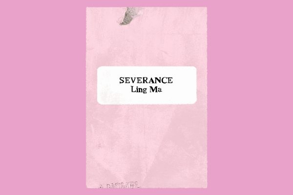 An illustration of a pale pink book cover with a white box that says “SEVERANCE Ling Ma” in black. 