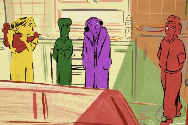 Four people in bright yellow, green, purple and red stand in a kitchen. The yellow person to the far left is holding a red chicken.