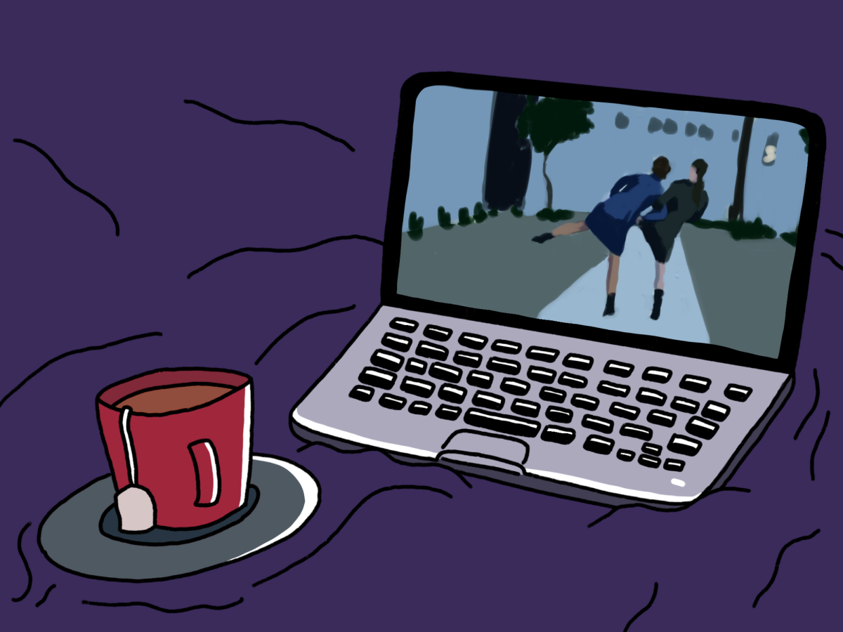 Illustration of a laptop screen and red mug in front of a purple background, on the screen there are two women walking in a park kicking their legs out in sync.