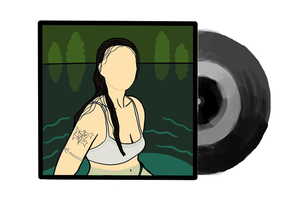 Illustration of a vinyl record in its sleeve, the album cover is a woman with tattoos in underwear sitting submerged in a body of water.
