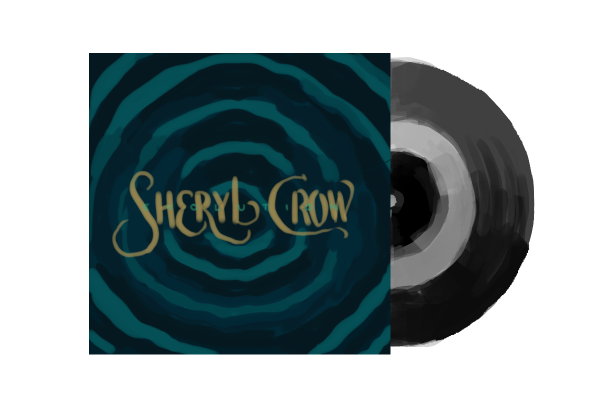 Illustration of a vinyl record and its sleeve with a blue and green swirl pattern. The words “SHERYL CROW" in yellow calligraphy font are written in the center with neon green capital letters that says “evolution.”