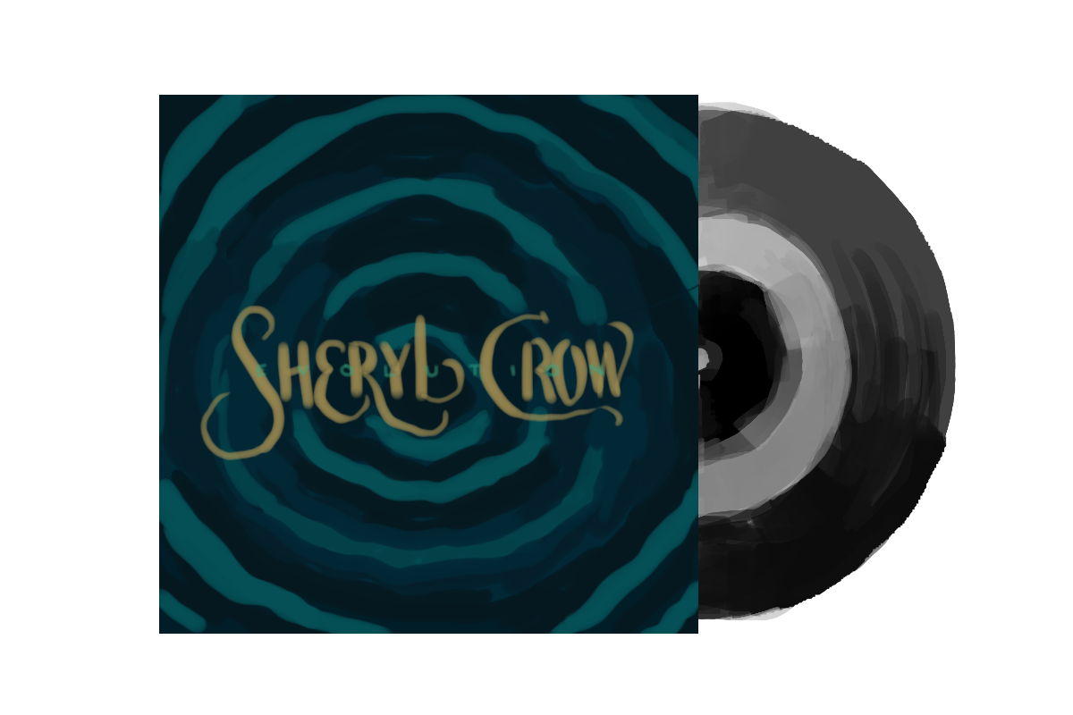Illustration of a vinyl record and its sleeve with a blue and green swirl pattern. The words “SHERYL CROW in yellow calligraphy font are written in the center with neon green capital letters that says “evolution.”