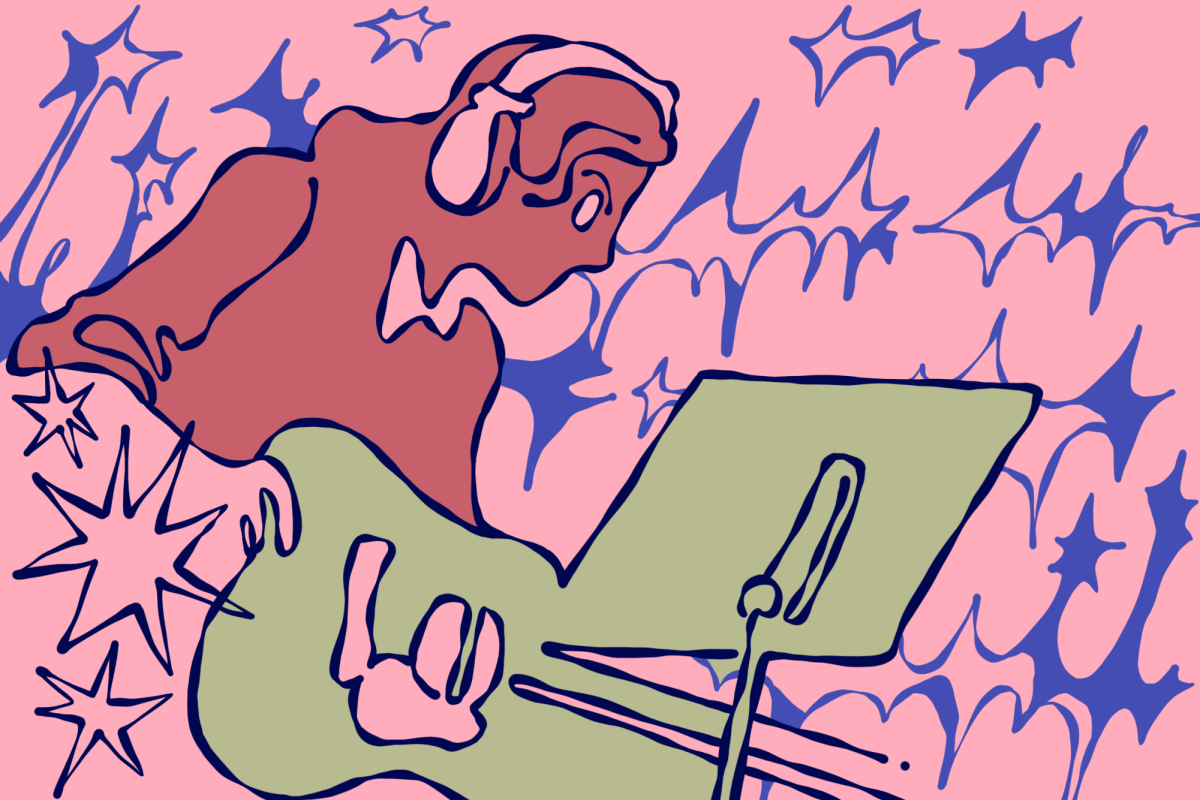 An abstract line drawing of a person wearing headphones playing a guitar, in front of a pink background with blue stars.
