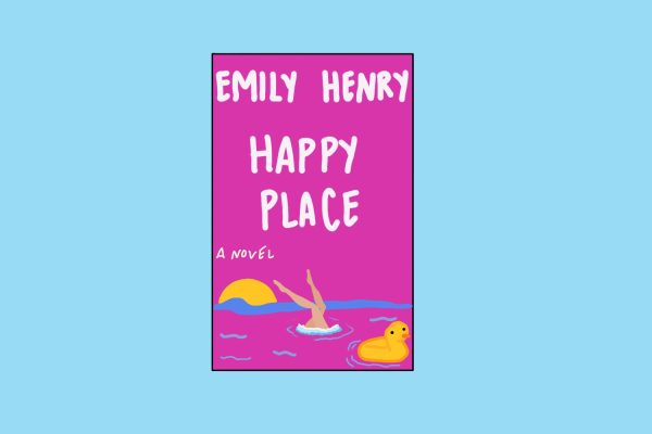 Illustration of a pink book cover with a pair of legs sticking out of water and a yellow floating duck next to them. “EMILY HENRY,” “HAPPY PLACE” and “A NOVEL” is written on it.