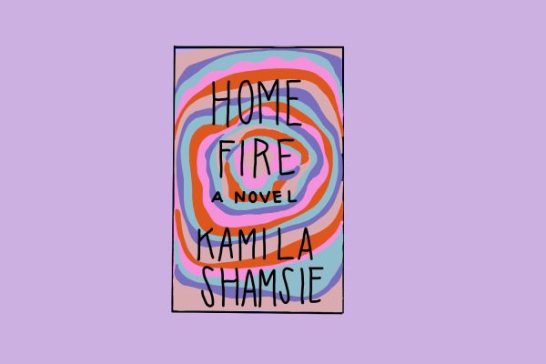 Illustration of a book cover with circular blue, pink, red, and beige shapes. “HOME FIRE,” “A NOVEL” and “KAMILA SHAMSIE” is written on it