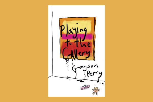 Illustration of a book cover on a yellow background with an art piece on display graffitied with "PLAYING TO THE GALLERY" and "GRAYSON PERRY" in black font.