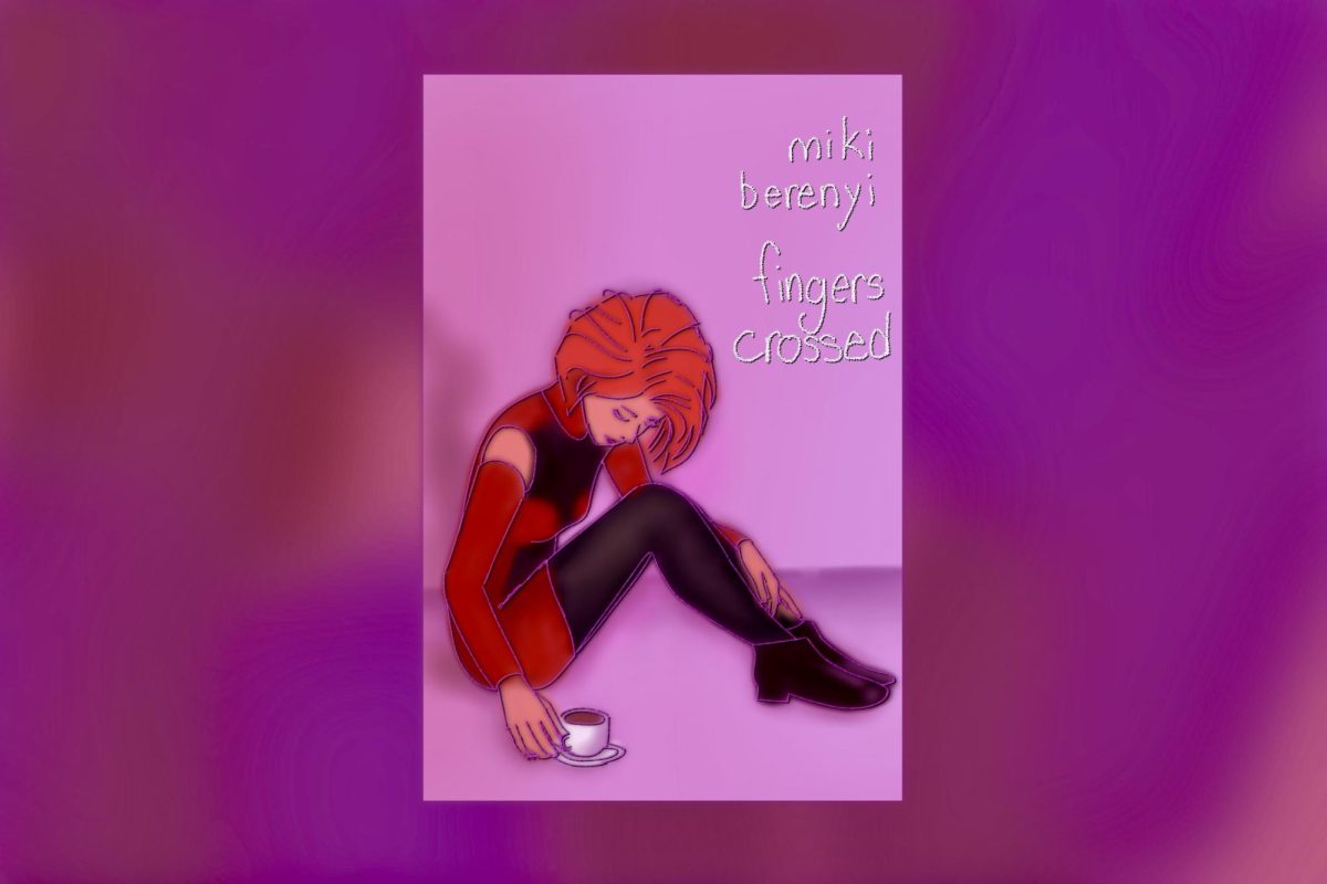 On a bright magenta background is a neon red-headed girl in a red and black dress, black sheer tights, and black ankle boots, sitting on the ground reaching for a white teacup filled with a dark, coffee-colored liquid.