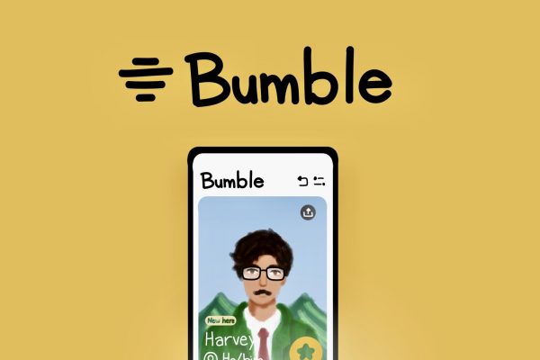 An illustration that says “Bumble” and displays a phone screen profile of a man with brown hair, glasses, and a mustache, with the words “New here,” “Harvey” and “He/Him.”