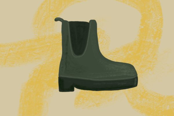 An illustration of a low-rising, dark green boot in front of a yellow background with yellow lines.