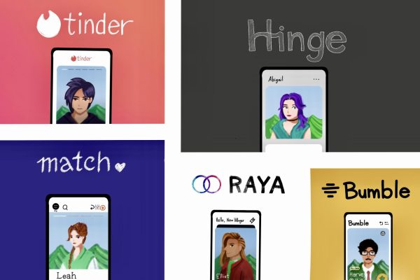 Collage of the five dating apps, with “tinder” and “match” on the left, “RAYA” in the middle, and “Hinge” and “Bumble” on the right.