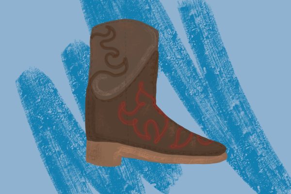 An illustration of a brown cowboy boot with red and brown wavy lines in front of a blue background with blue lines.