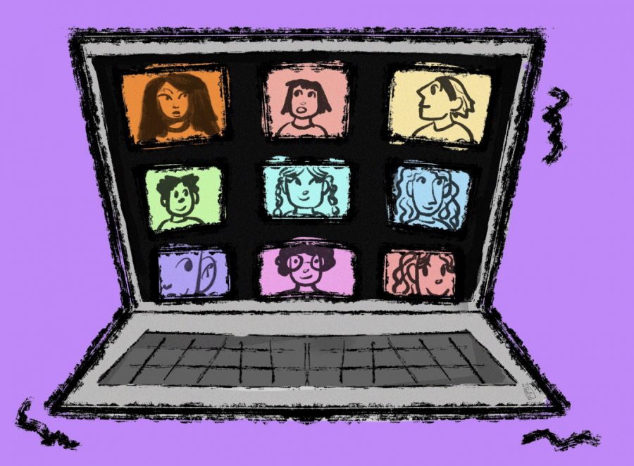 An illustration of a laptop on a light purple background displaying nine faces on a screen during an online class.
