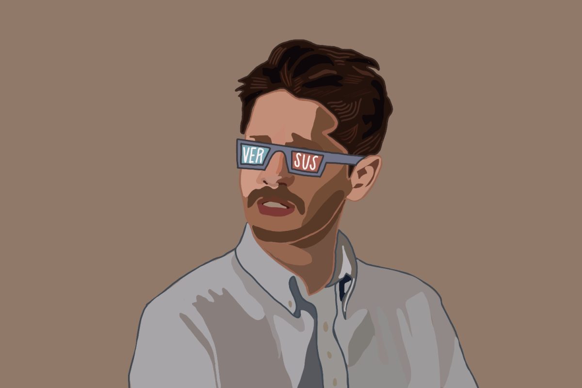 An illustration of a man with brown hair and a blue shirt wearing movie theater 3D glasses that say "VERSUS" across the lenses.