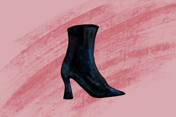 An illustration of a black boot with a skinny heel in front of a pink background with pink lines.