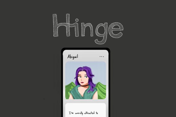An illustration of a phone screen profile of a person named Abigail, with purple hair, green eyes, a black necklace and a turquoise shirt, with the words, “I’m weirdly attracted to” written below the profile.