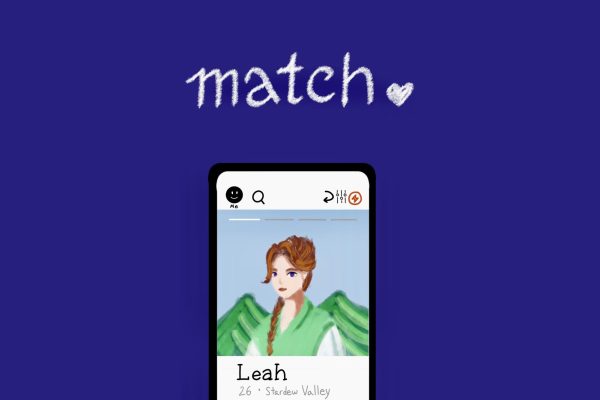 An illustration of a phone screen profile of a brunette woman, with the words “Leah,” “26” and “Stardew Valley” on the screen and “match” written above the screen.