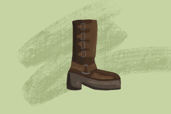 An illustration of a brown boot with four buckles on a light green background with green lines.