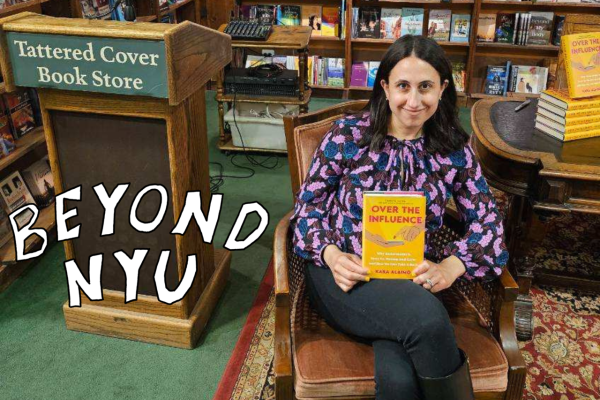 The words “BEYOND NYU” next to a woman holding a book.