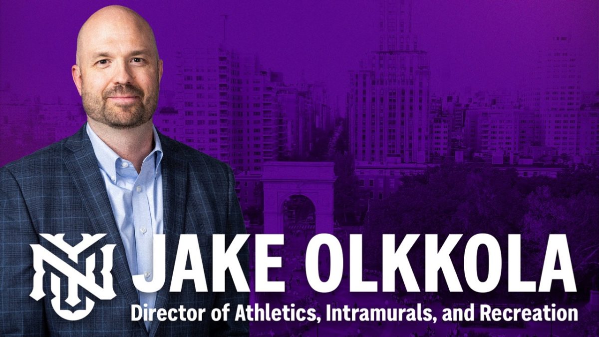 A man against a purple Washington Square Park background and the N.Y.U. logo, with the words “Jake Olkkola” and “Director of Athletics, Intramurals, and Recreation.”