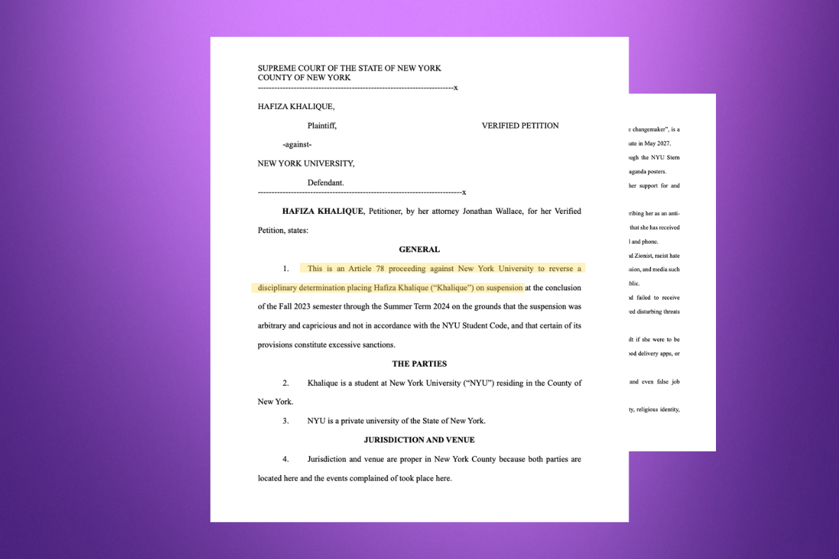 A graphic of the first two pages of a legal document on a purple background. The first sentence of the petition is highlighted in yellow.