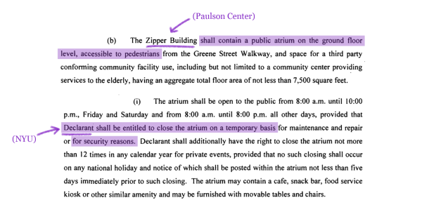 A document with two sections highlighted in purple. Two purple arrows point to the highlighted sections and are titled “(Paulson Center)” and “(N.Y.U.),” respectively.