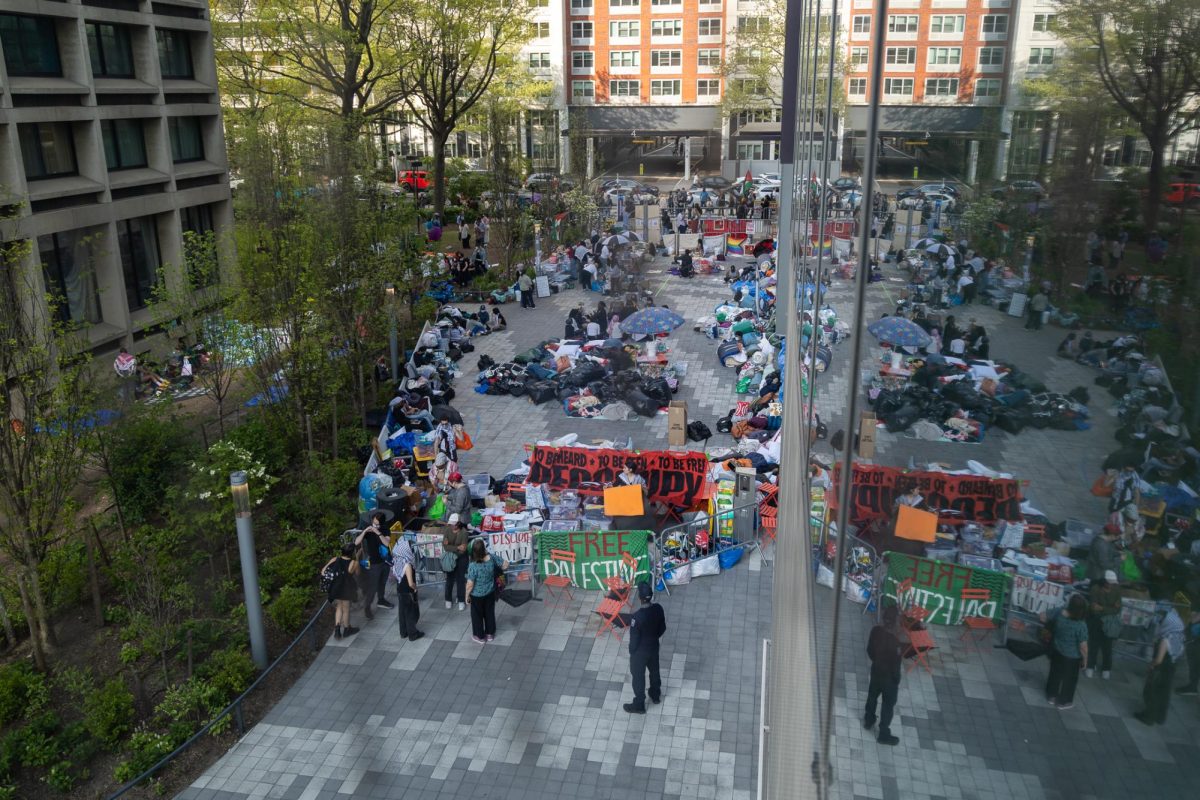 An overhead view of the Gaza Solidarity Encampment outside Paulson Center.