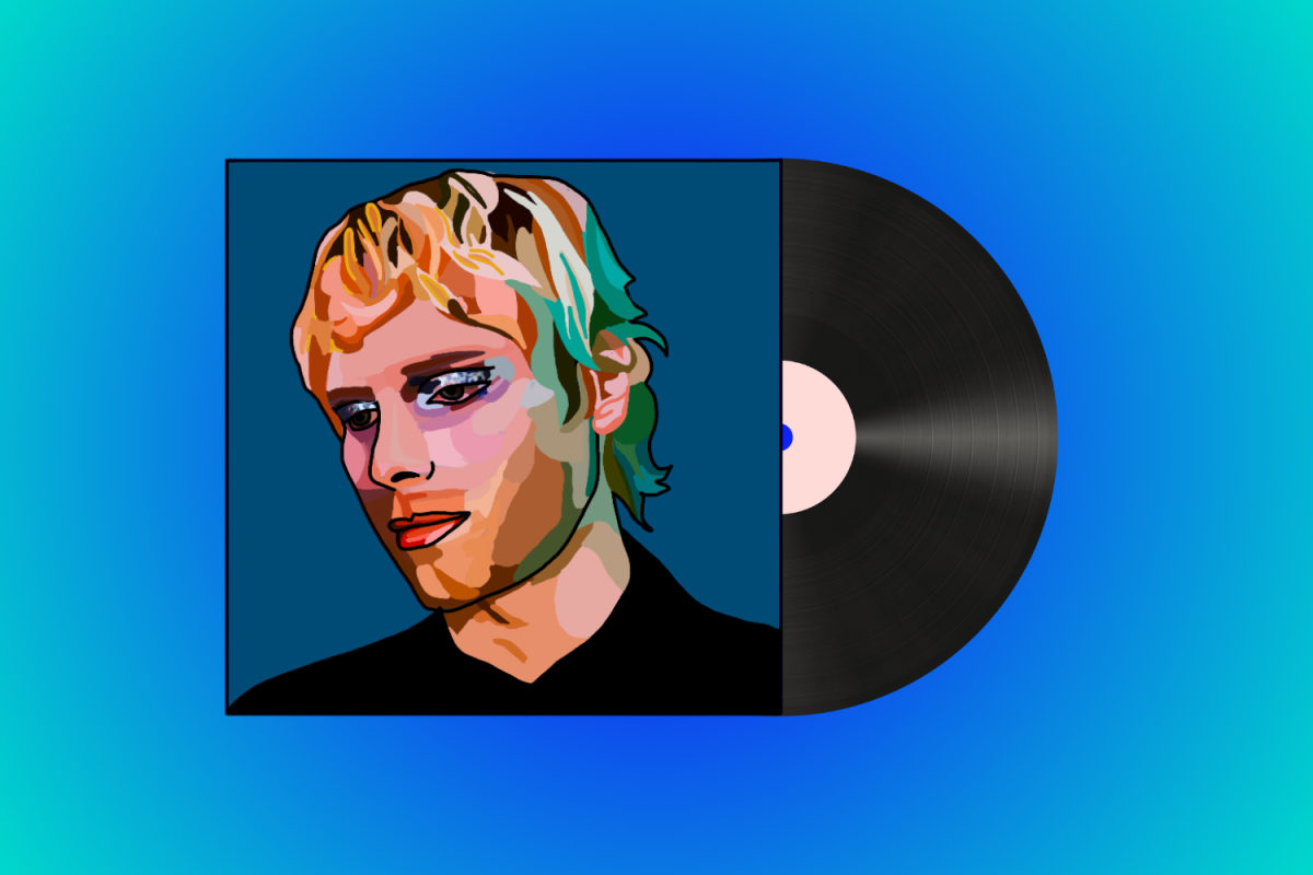 A record player cover and a record coming out of it, against a blue background. On the record cover is a man’s face looking down.