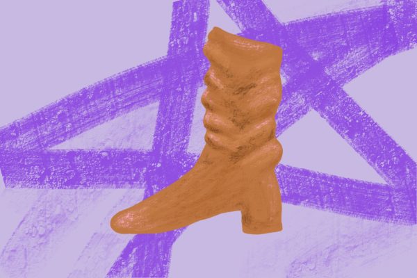 An illustration of a light brown suede boot in front of a purple background with purple lines.