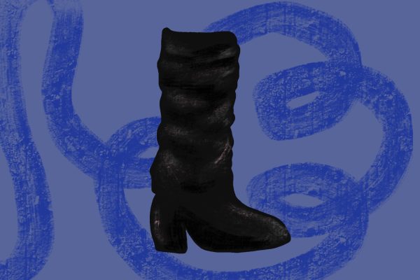 An illustration of a tall, black boot in front of a blue background with blue lines.