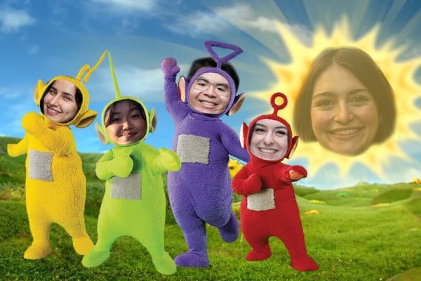 Teletubbies photoshop with WSN Arts Desk's heads photoshopped onto each character, including the sun. 