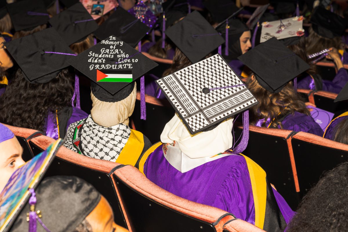 Students at the 2024 Steinhardt graduation ceremony decorated their caps with pro-Palestinian designs. (Jason Alpert-Wisnia for WSN)