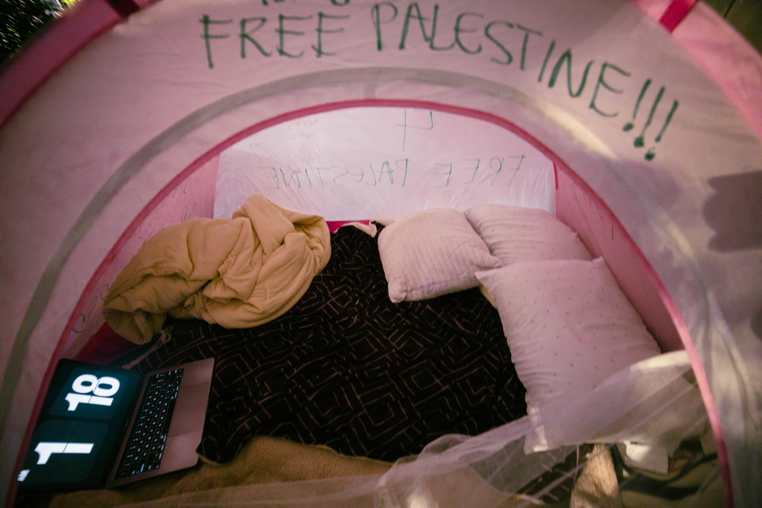 A pink tent with pillows, blankets and a laptop inside.