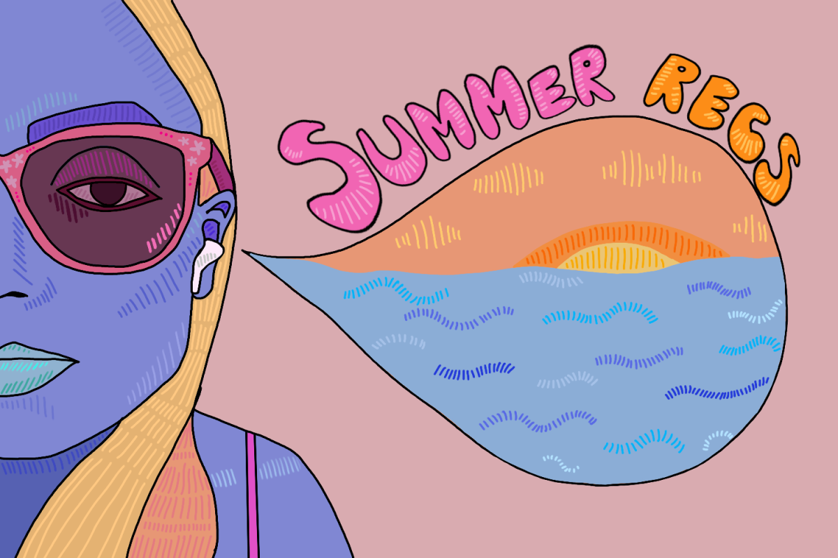 A blue woman in pink sunglasses with one ear phone in, and coming from it is a speech bubble of an ocean and sunset.