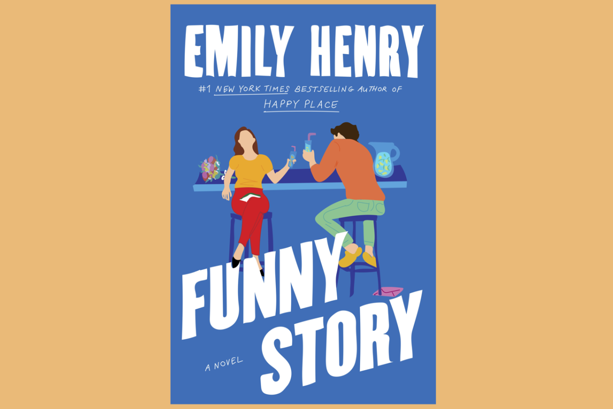 An illustration of a blue book cover on a yellow background. The title of the book, “FUNNY STORY” and author name, “EMILY HENRY #1 NEW YORK TIMES BEST SELLING AUTHOR OF HAPPY PLACE” are written in white. A girl and boy sit next to each other on bar stools while clinking their drinks together. On the table behind them is a bouquet of flowers and a pitcher.
