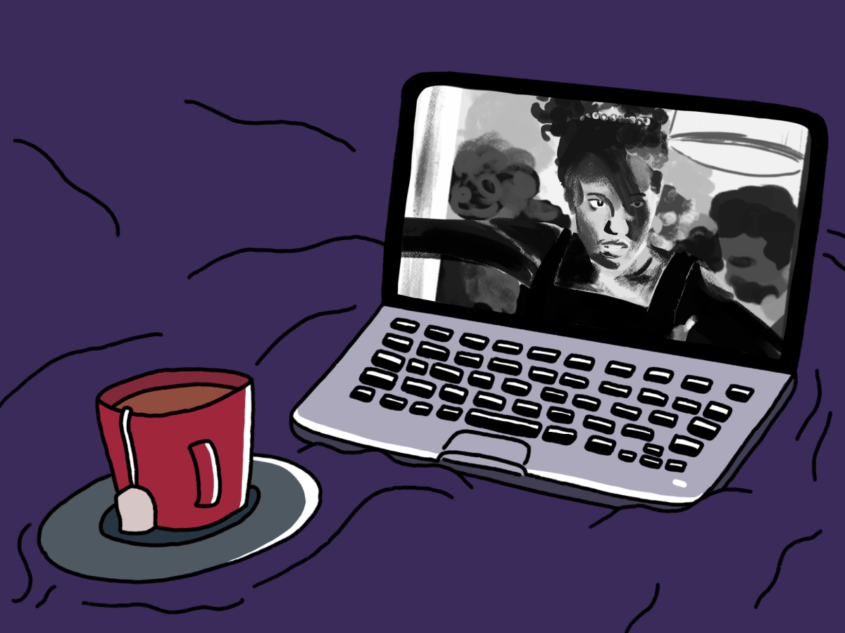 Illustration of a laptop screen and red mug in front of a purple background with a black-and-white illustration of a woman with an updo on the screen.