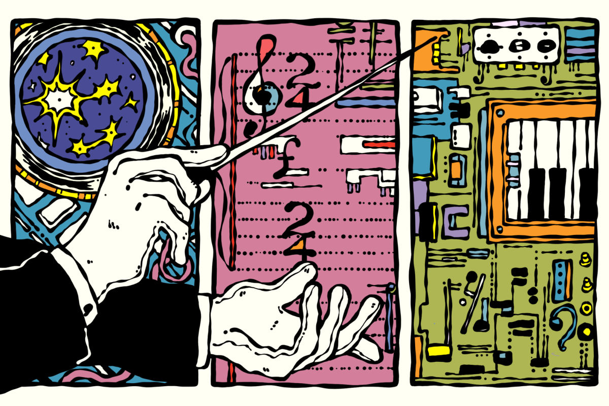 Gloved orchestra conductor hands in front of blue, green and purple panels combining the imagery of sheet music and computer chips.