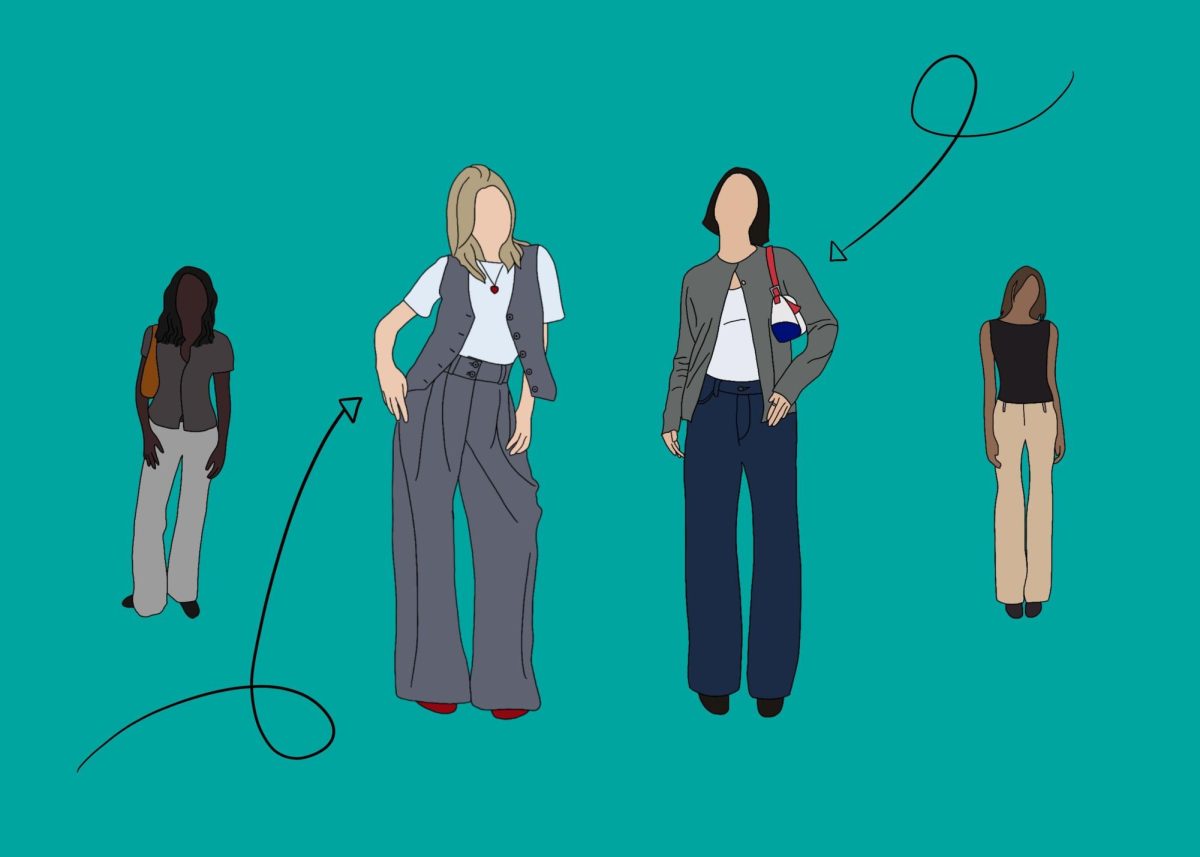 Illustration of four women wearing stylish, business casual outfits in front of a teal background.