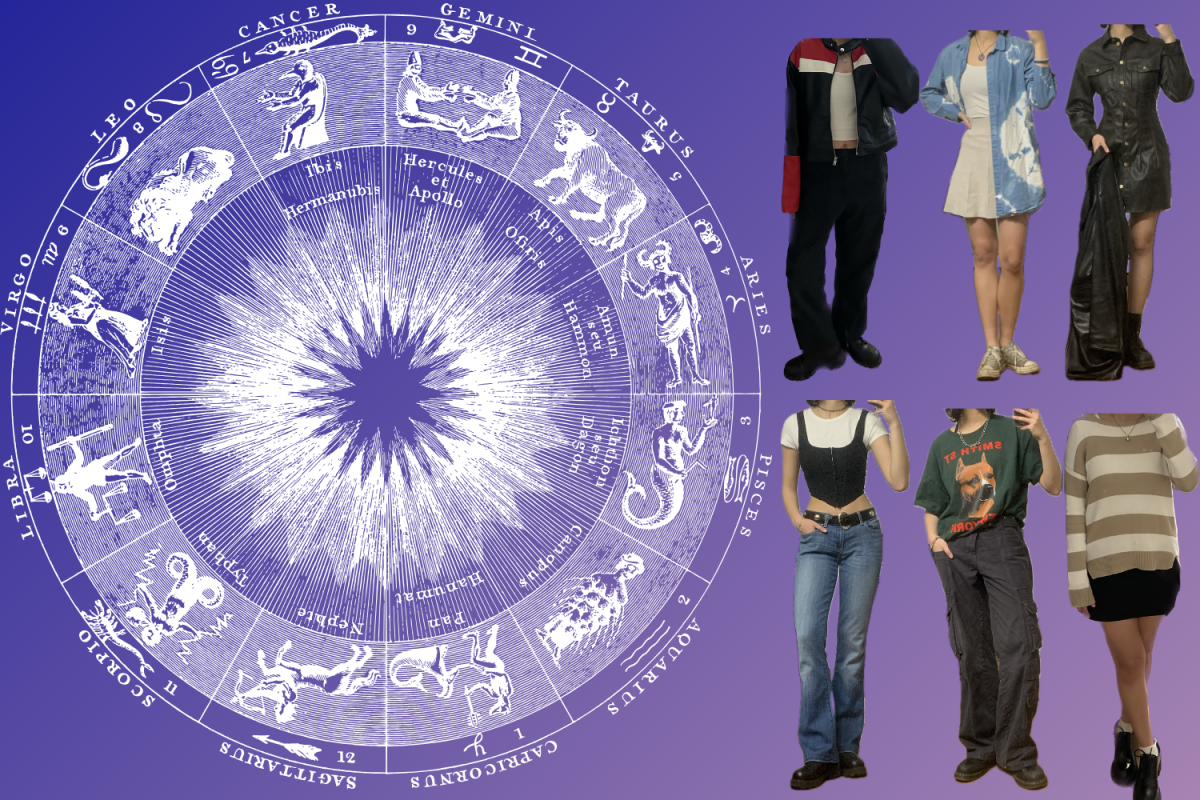 A collage with a Zodiac wheel on the left and six outfits on the right.