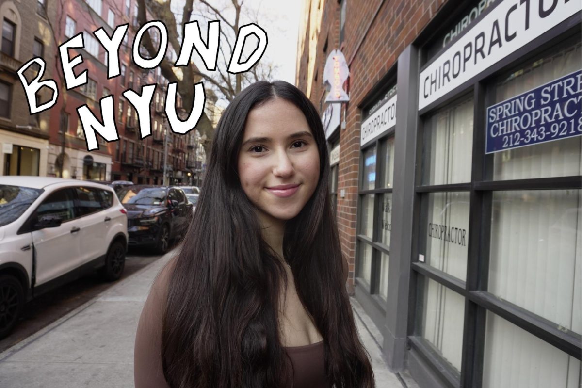 A girl smiling for a photo on the sidewalk. “BEYOND N.Y.U.” is written in white font in the top left corner.
