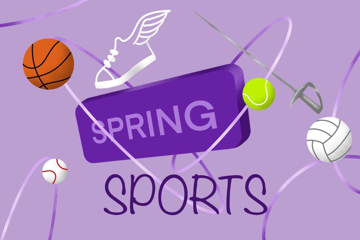 Purple illustration that says “SPRING SPORTS” in purple with various sport items, including a basketball and volleyball, surrounding it.