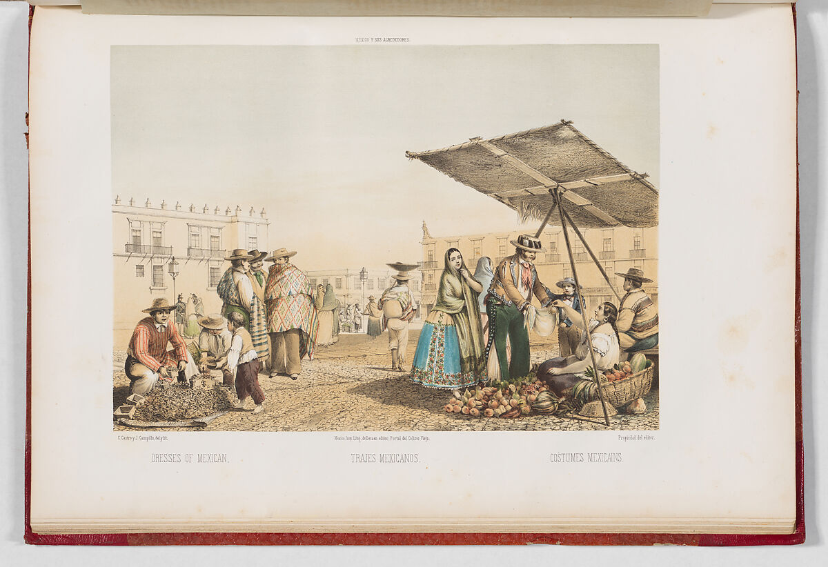 A canvas with a scene of people in an outdoor market wearing popular 19th century dress