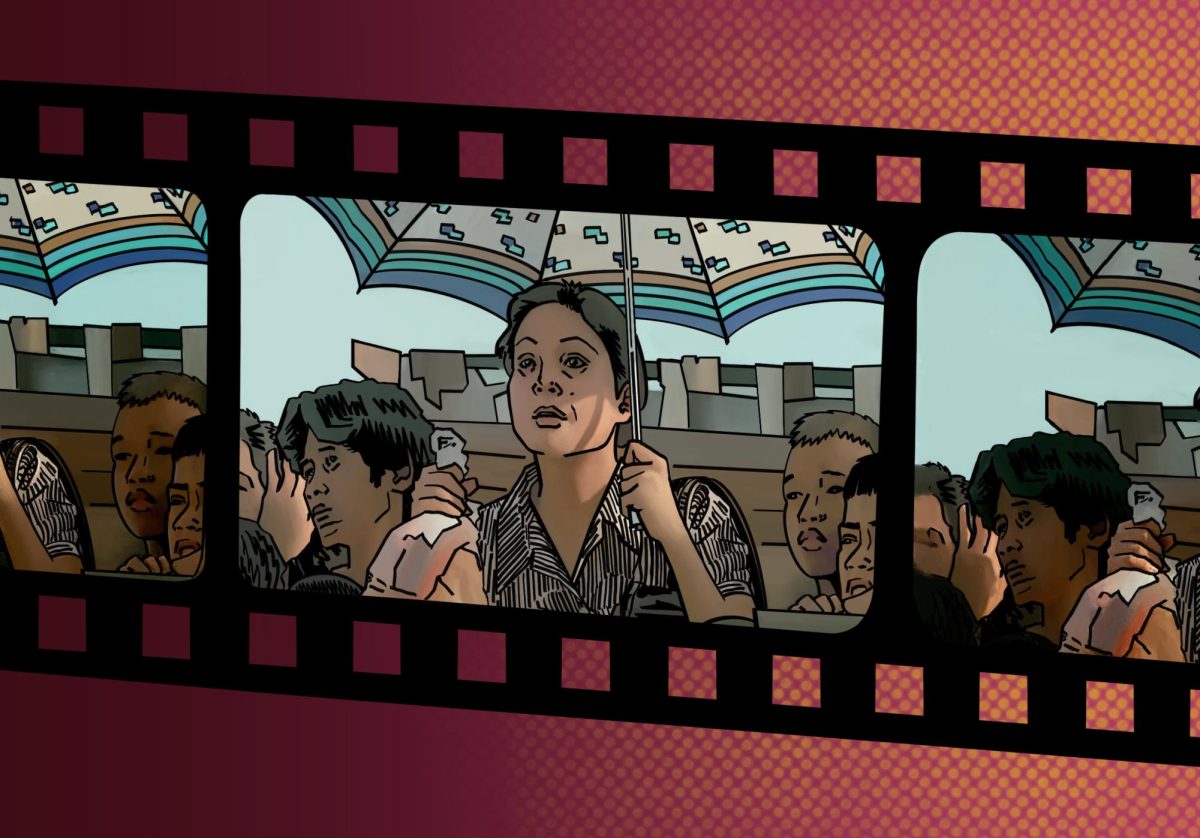 An illustration of a film reel frame depicting a woman holding an umbrella surrounded by other people.