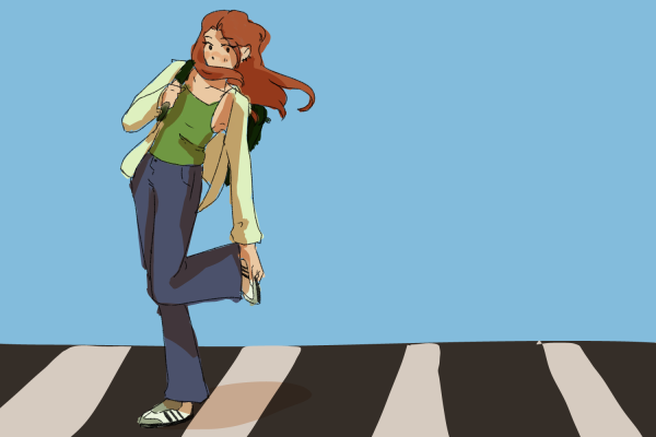 An illustration of a student wearing a green tank top, beige cardigan and jeans crossing the crosswalk.