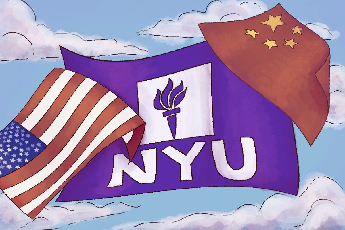 An N.Y.U. flag flying in the sky, with an American flag draped over the left side and a Chinese flag on the right.