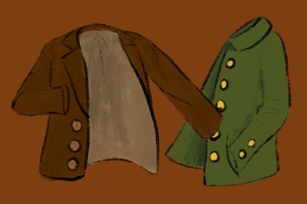 An illustration of a brown buttoned jacket and a green buttoned jacket.