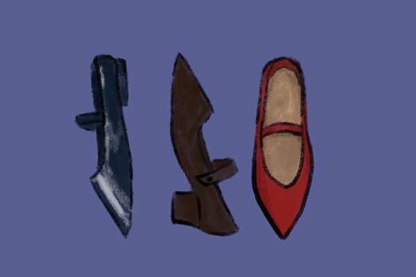 An illustration of a blue Mary Jane shoe, a brown Mary Jane shoe and a red Mary Jane shoe.