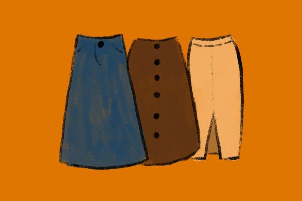 An illustration of a blue midi skirt, a brown midi skirt and a yellow midi skirt.