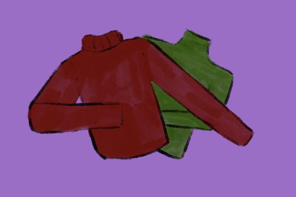 An illustration of a red turtleneck sweater and a green turtleneck sweater.