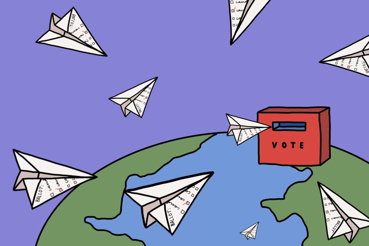 An illustration of the Earth with a giant red ballot box that reads “VOTE.” Many paper airplane ballots fly towards it.